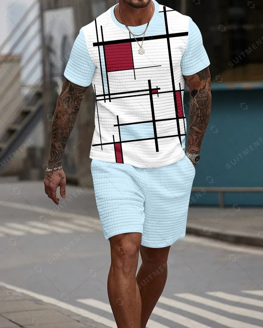 Men's Casual Waffle Textured Summer Round Neck Short Sleeve Shorts Set 0020