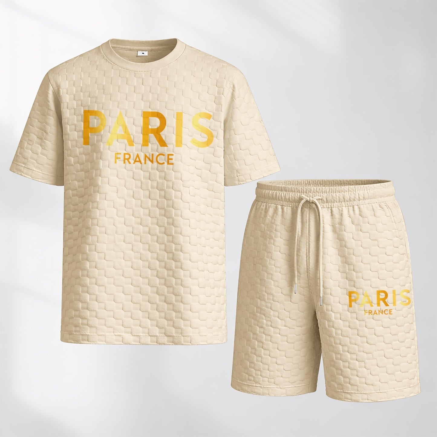 Men's Spring/Summer Drawstring Shorts Set featuring Paris Letter Print and Plaid Fabric—a casual summer ensemble comprising a short-sleeve shirt and shorts, ideal for both everyday wear and athletic activities.