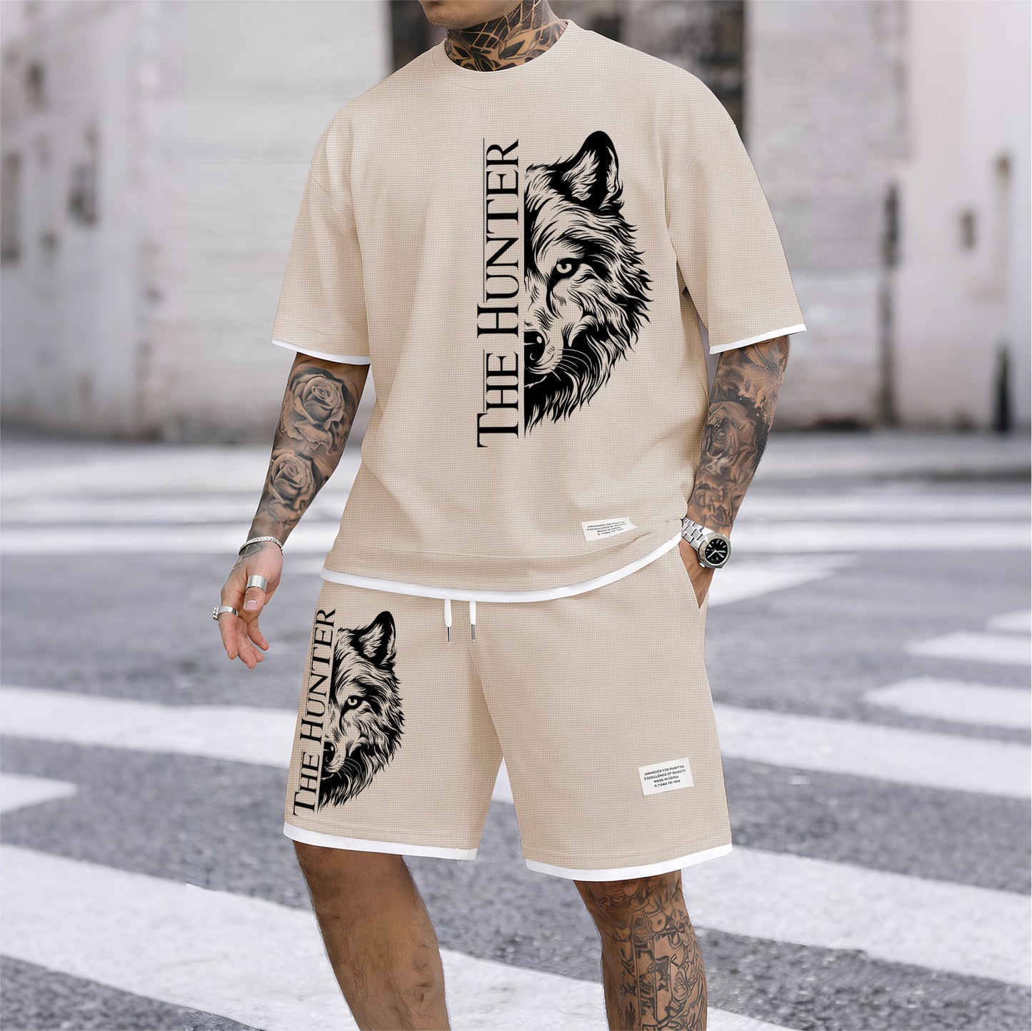 Men's "The Hunter" Wolf Head Graphic Print Waffle Short Sleeve T-Shirt & Shorts Set, Summer Lightweight Casual Sporty Two-Piece Outfit, Streetwear for Gym & Daily Wear
