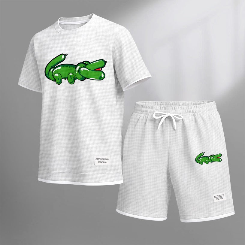 Men's Balloon Crocodile Print Waffle Fabric Short-Sleeved Shirt And Shorts Set