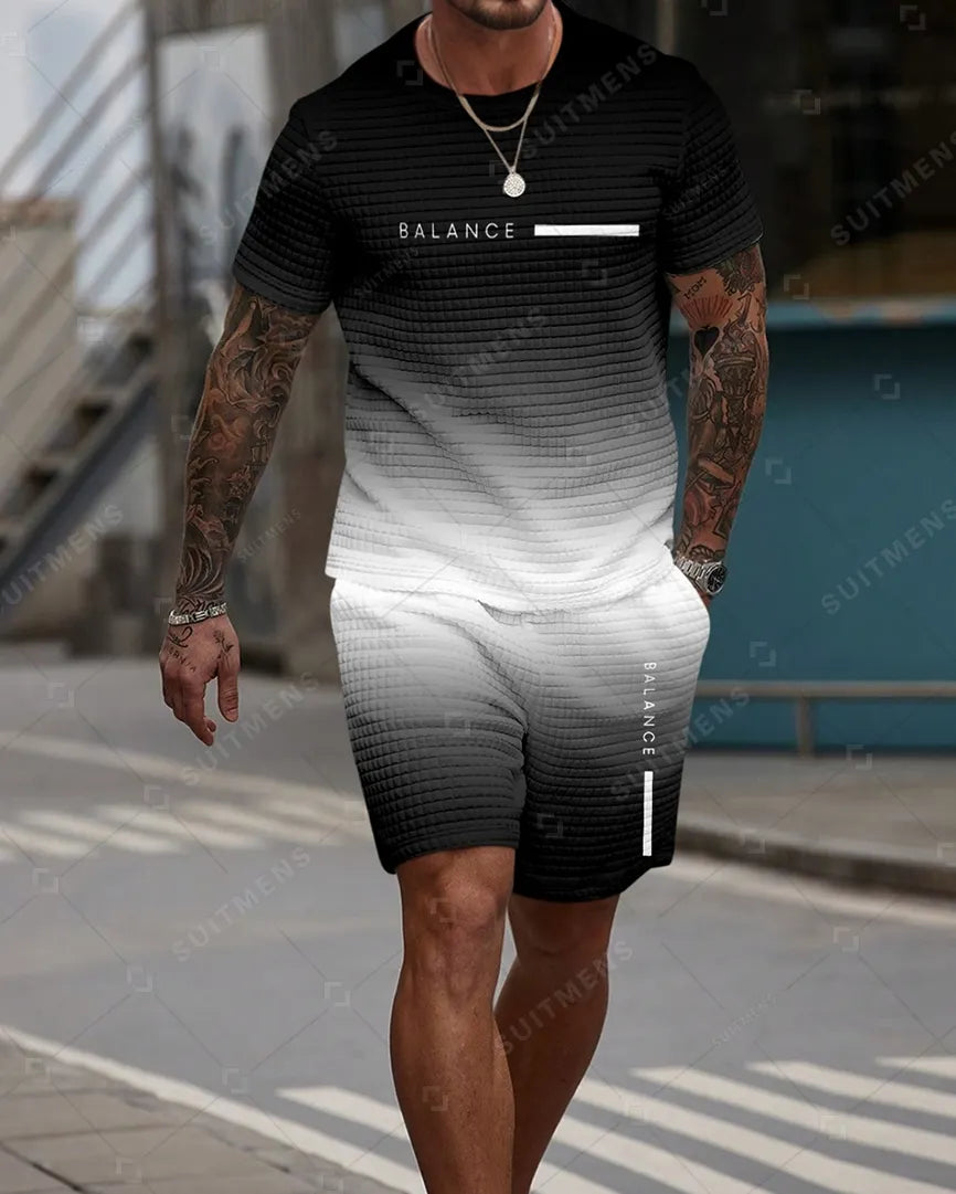 Men's Casual Waffle Textured Summer Round Neck Short Sleeve Shorts Set 0023
