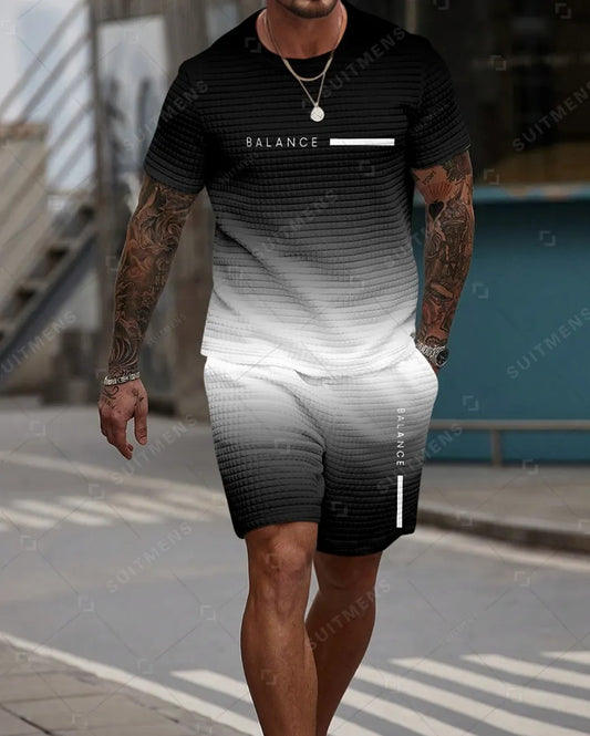 Men's Casual Waffle Textured Summer Round Neck Short Sleeve Shorts Set 0023