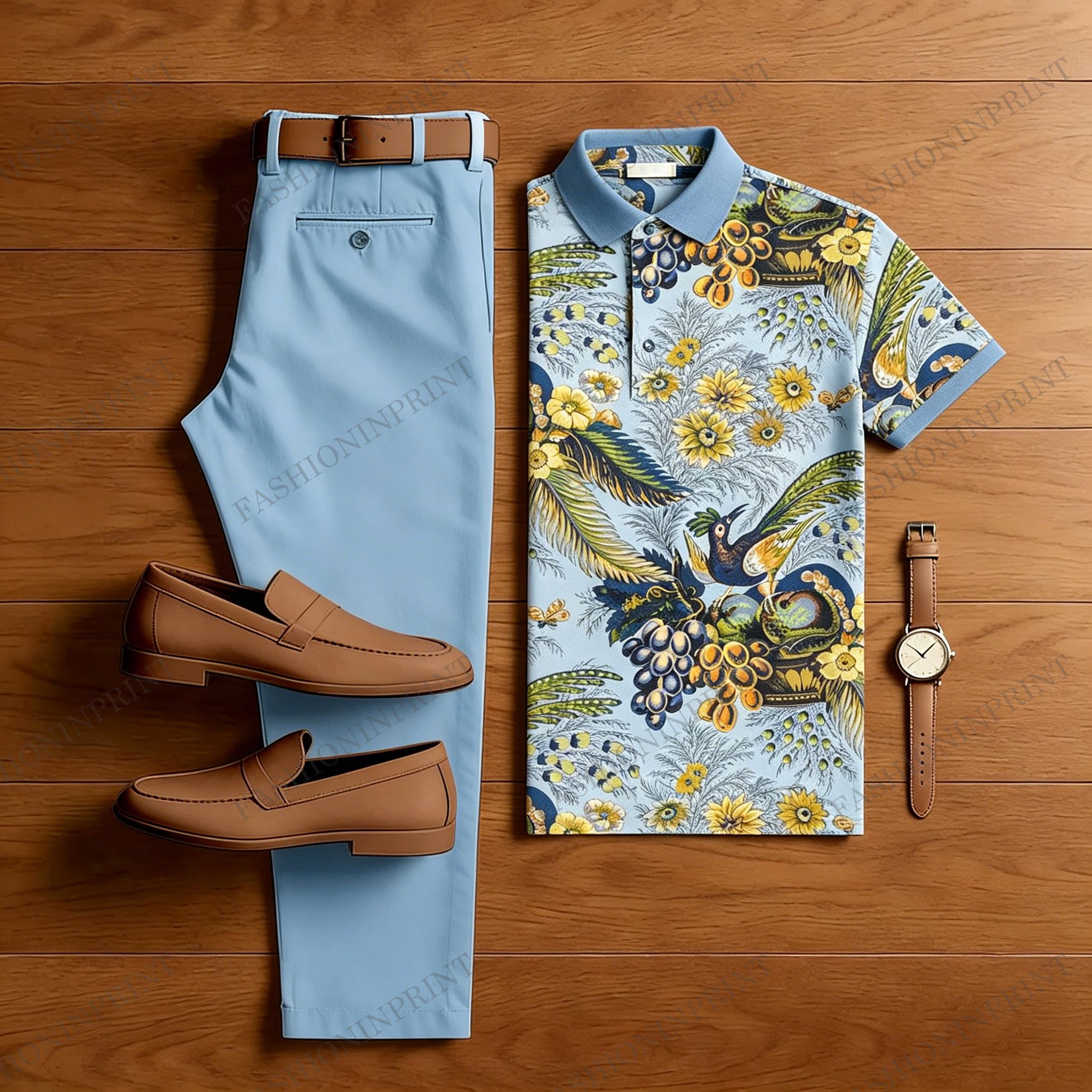 Men's Casual Blue Peacock Printed Polo Shirt And Pants Two-Piece Set