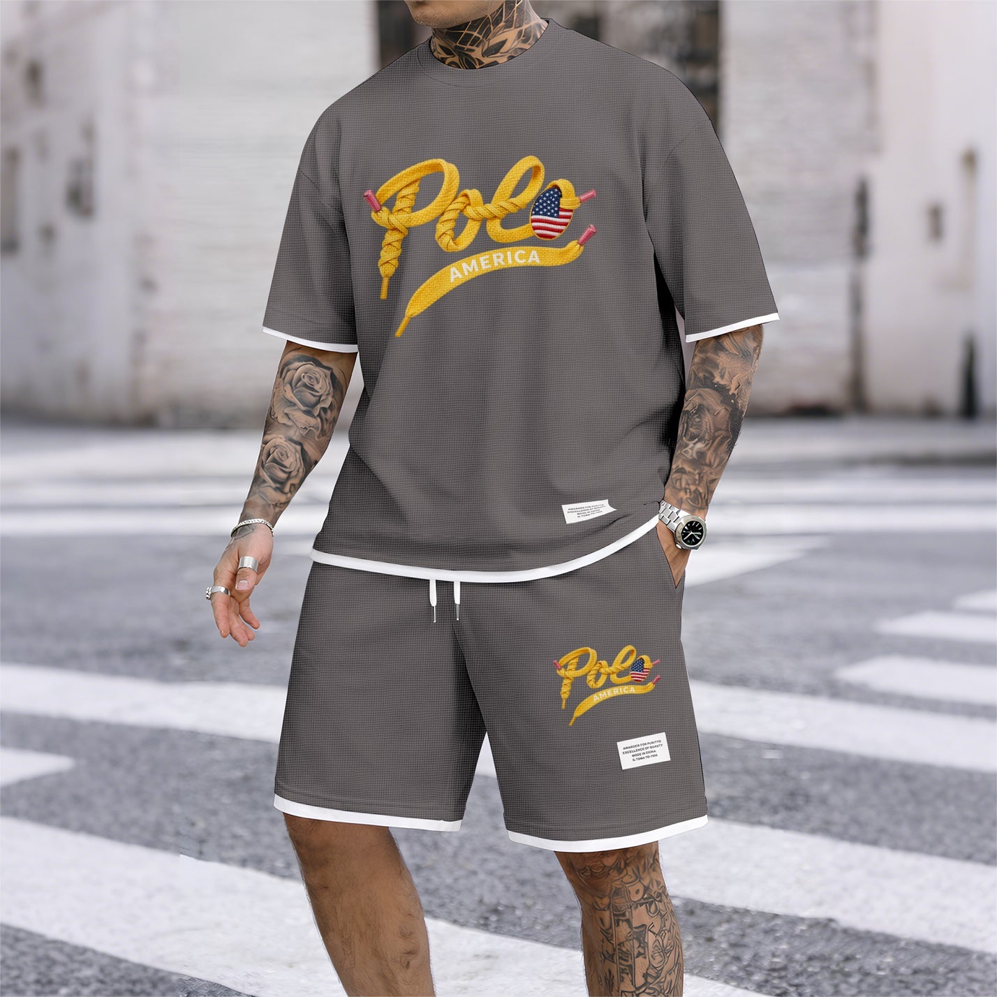 Men's Polo print drawstring shorts set for spring/summer, a casual summer outfit including a short-sleeved shirt and shorts, suitable for everyday wear and sports. A two-piece set for a relaxed and energetic lifestyle.