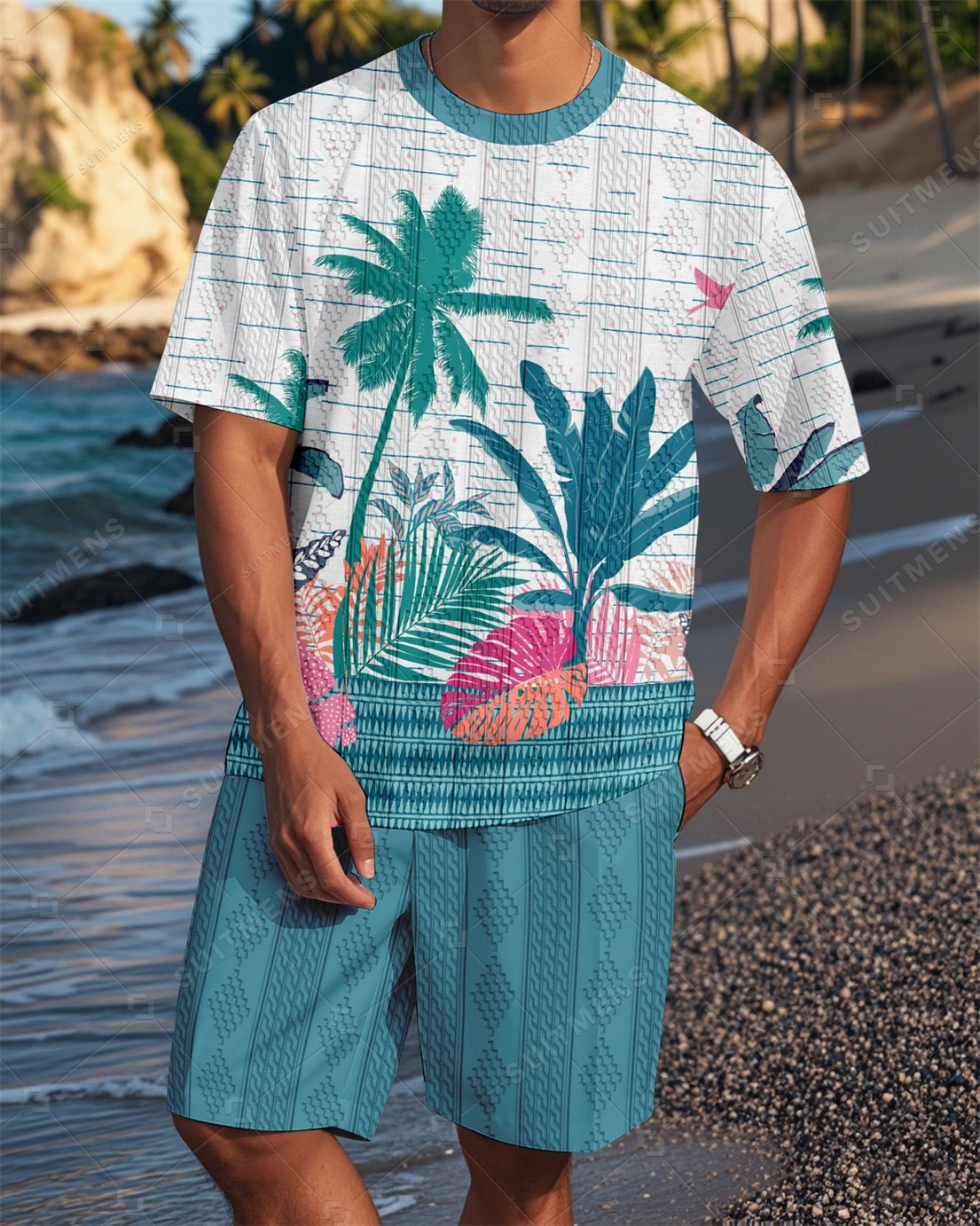 Men's Crew Neck Jacquard Textured Print Shorts Set  007