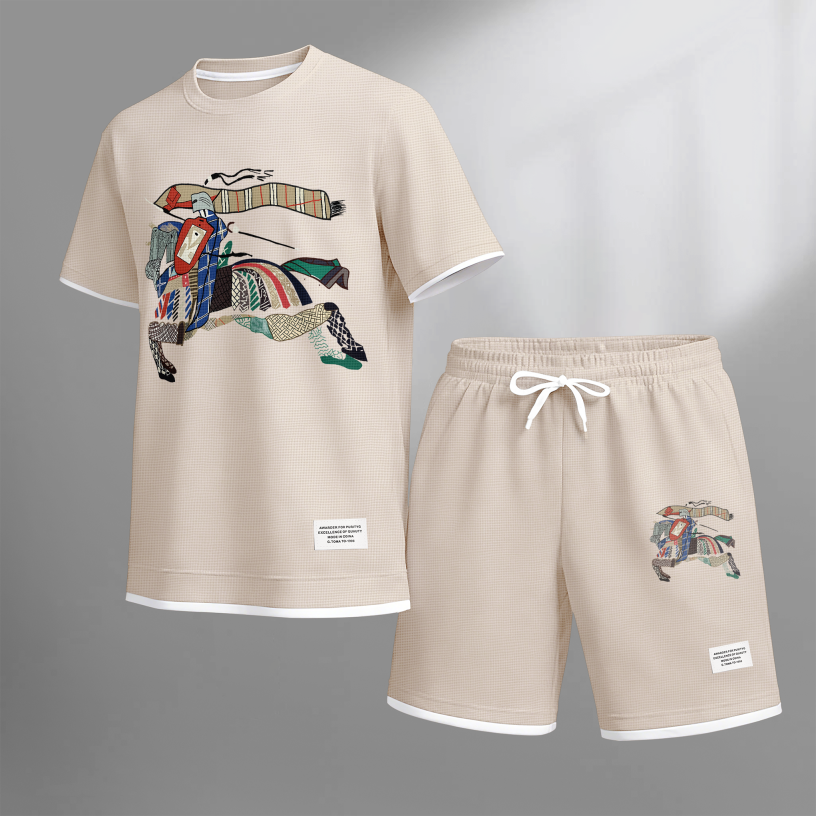 Men's Casual Style Knight Print Waffle Fabric Short-Sleeved Shirt And Shorts Set