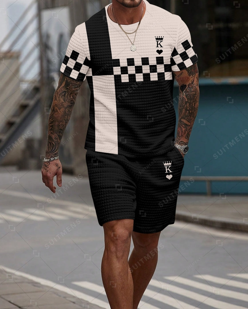 Men's Casual Waffle Textured Summer Round Neck Short Sleeve Shorts Set 0017