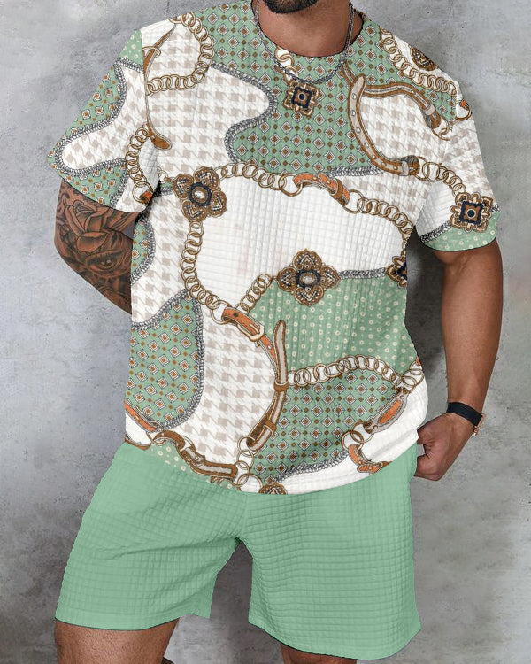 Men's textured waffle texture printed shorts Set 013