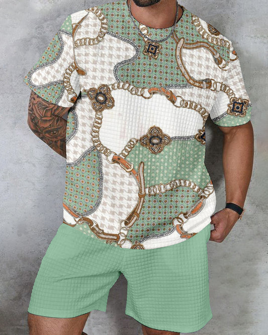 Men's textured waffle texture printed shorts Set 013
