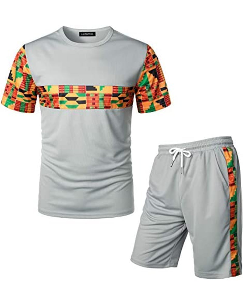 Men's Printed Colorblock T-Shirt and Shorts Set 029