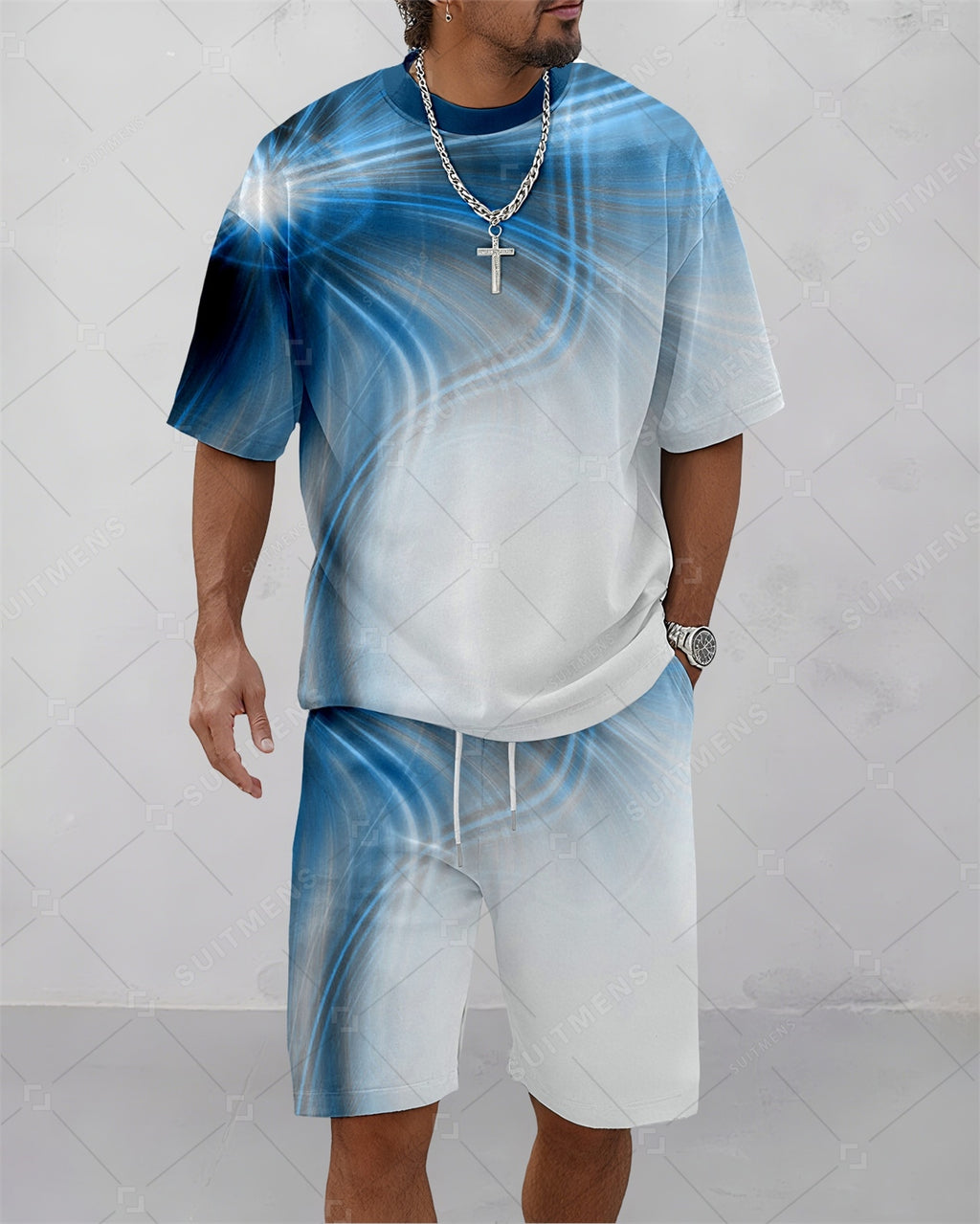 Men's Summer Colorblock Printed Round Neck Suit 082