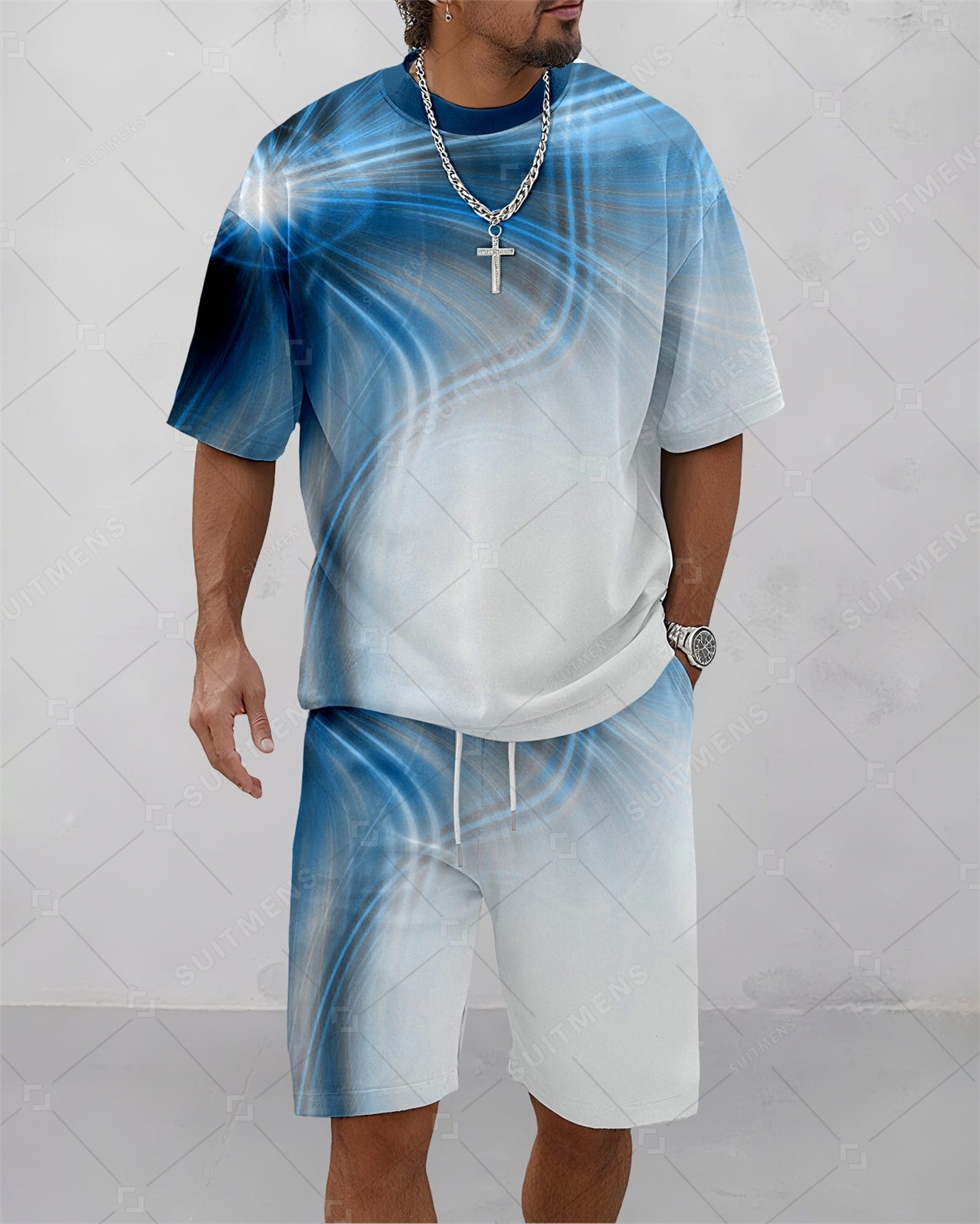 Men's Summer Colorblock Printed Round Neck Suit 082