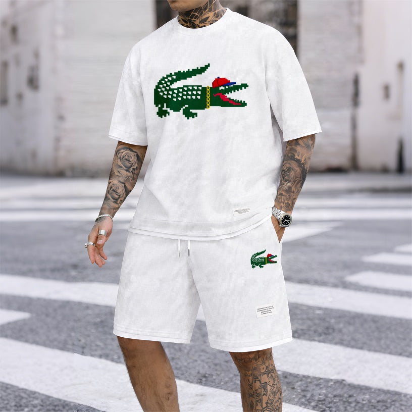 Men's Hip-Hop Crocodile Print Waffle Fabric Short-Sleeved Shirt And Shorts Set