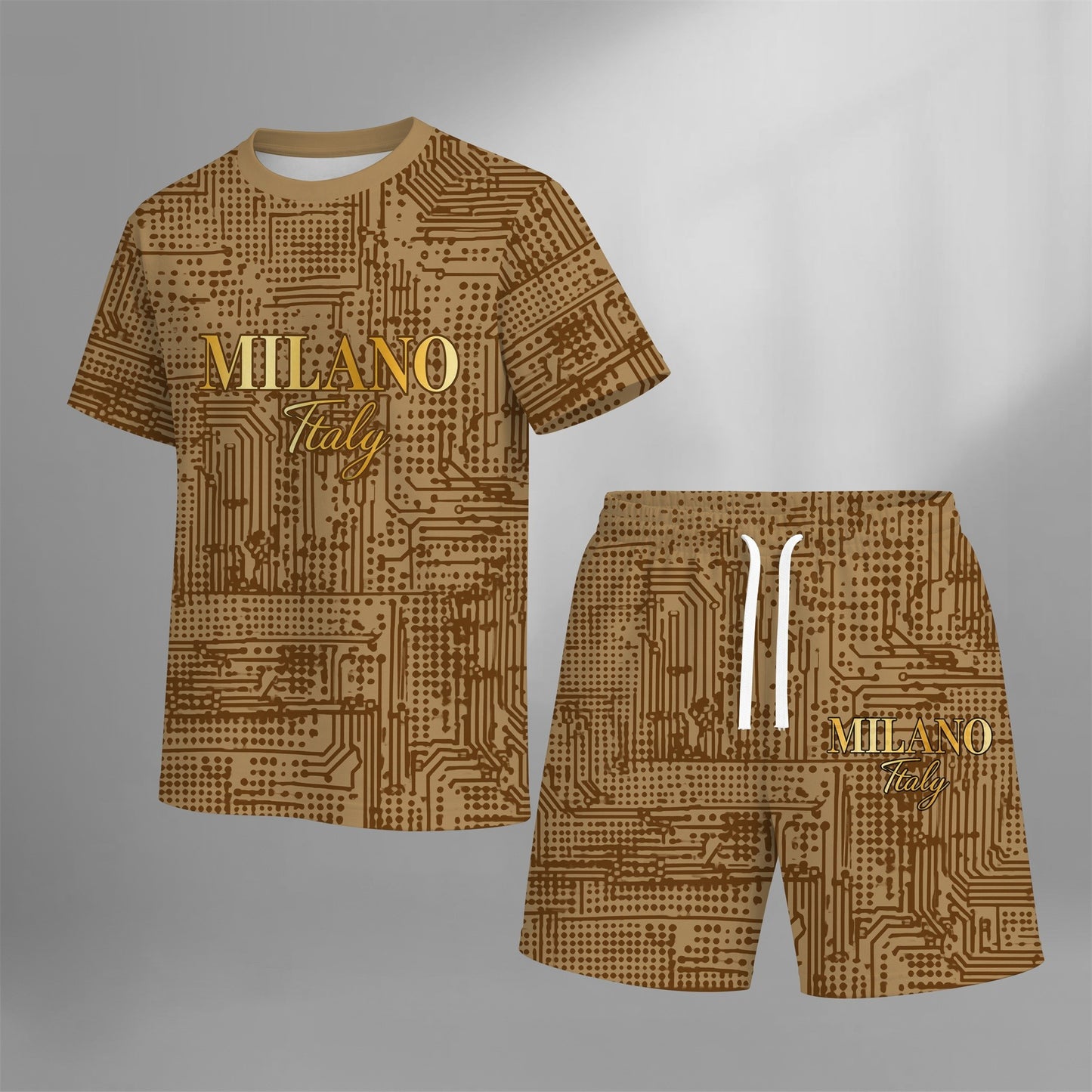Men’s MILANO Graphic 2 Piece Outfit, Short Sleeve Tee and Drawstring Shorts Set, Breathable Casual Summer Set for Gym, Running, Vacation, Beach and Outdoor