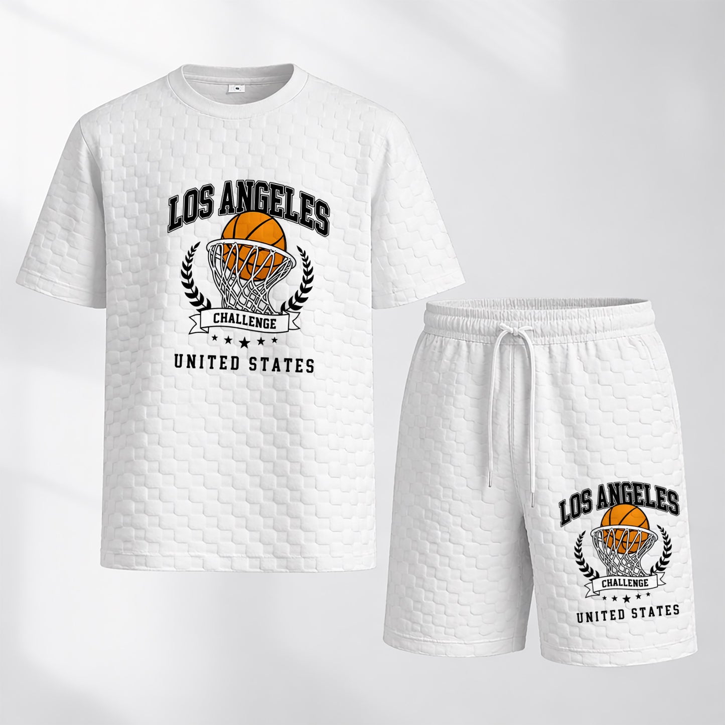 Men's Basketball Graphic Print Spring And Summer Drawstring Shorts Set, A Casual Summer Outfit, Including A Short-Sleeved Shirt And Shorts, Suitable For Everyday Wear And Sports Activities. A Two-Piece Set For A Relaxed And Active Lifestyle.