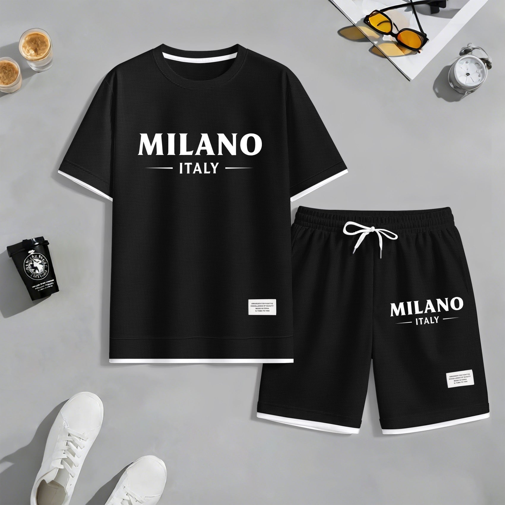 Men's Milan print drawstring shorts set for spring/summer, a casual summer outfit including a short-sleeved shirt and shorts, suitable for everyday wear and sports. A two-piece set for a relaxed and energetic lifestyle.