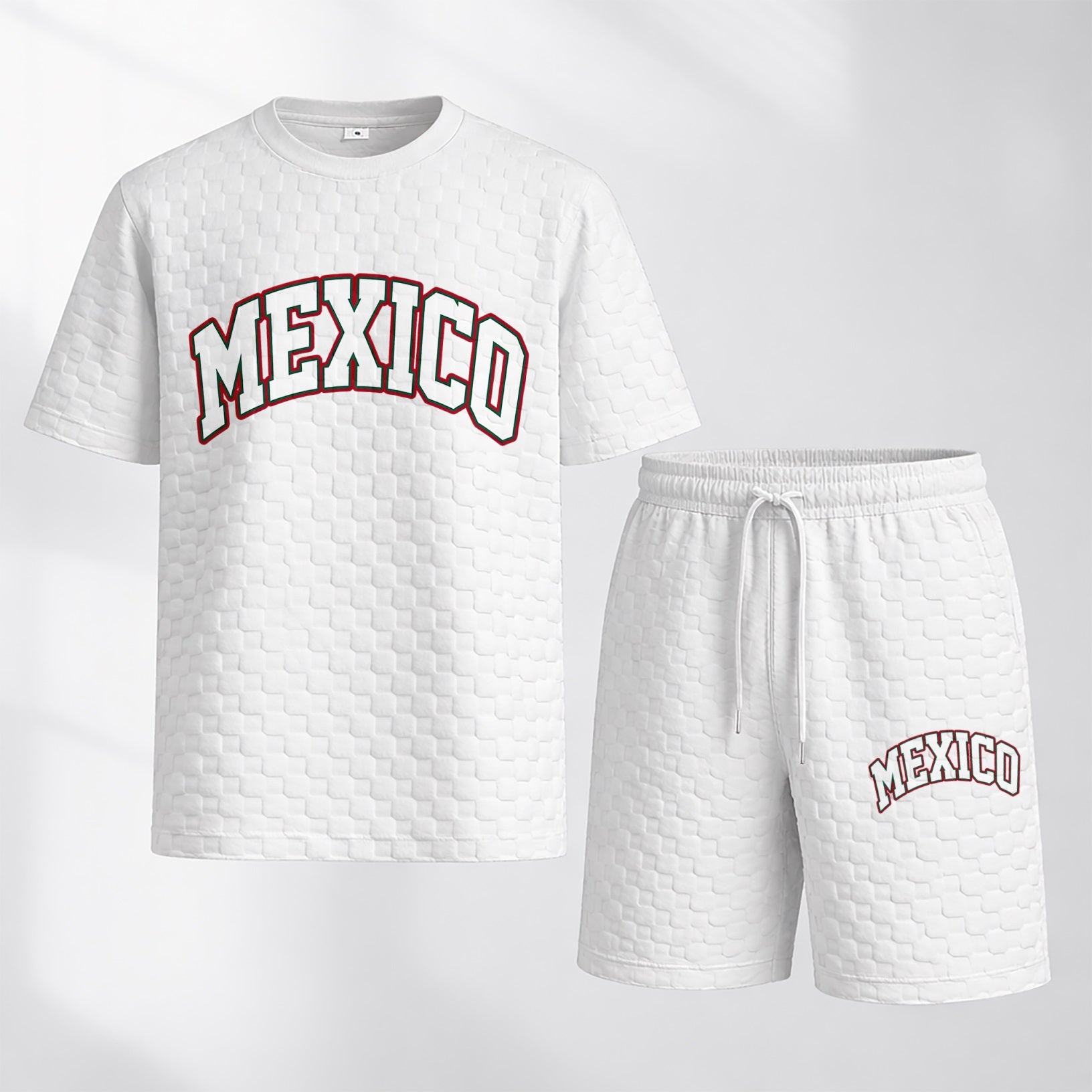 Men's Spring/Summer Mexican-Print Plaid Drawstring Shorts Set—A casual summer outfit featuring a short-sleeve shirt and shorts, ideal for both everyday wear and athletic activities