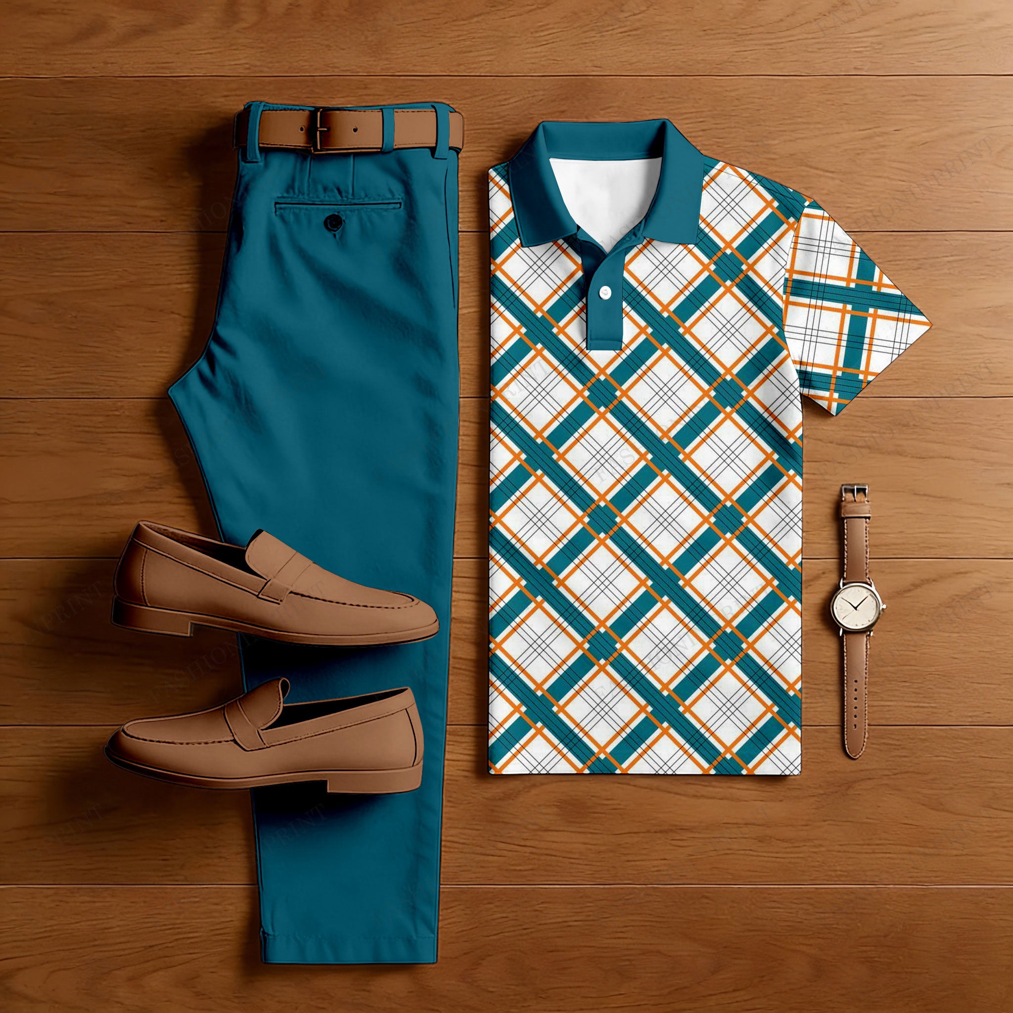 Men's Casual Royal Green Checkered Printed Polo Shirt And Pants Two-Piece Set