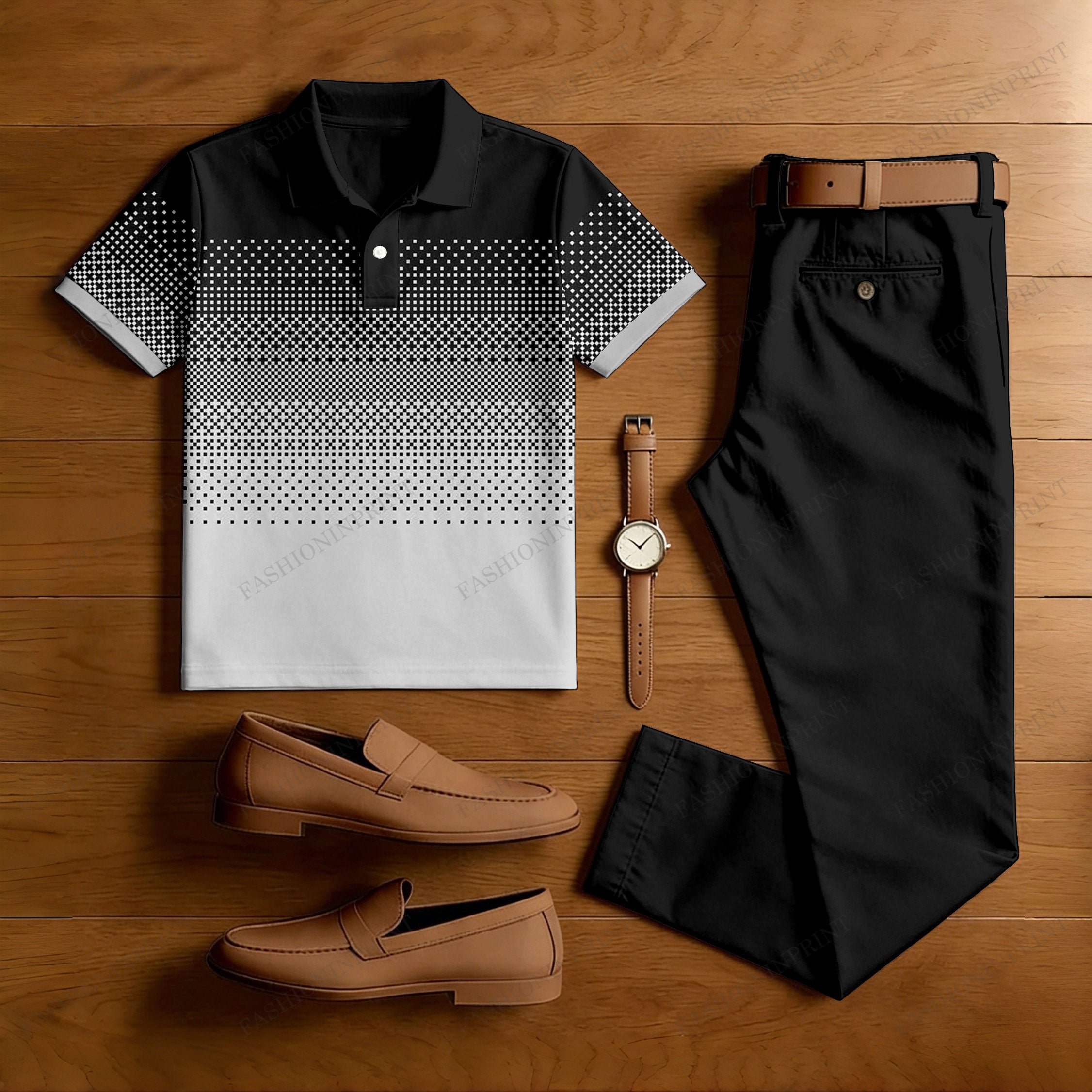 Men's Casual Black Gradient Printed Polo Shirt And Pants Two-Piece Set