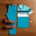 Men's Casual Blue & White Color Matching Striped Printed Short Sleeved Polo Shirt & Trousers Two-Piece Set