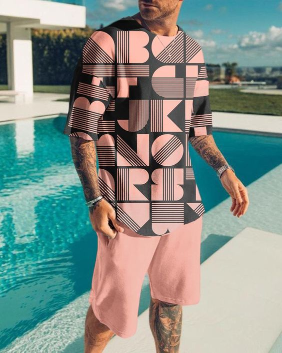 Suitmens Men's Vintage Pink Print Shorts Suit