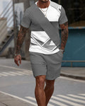 Men's Casual Waffle Textured Summer Round Neck Short Sleeve Shorts Set 0015