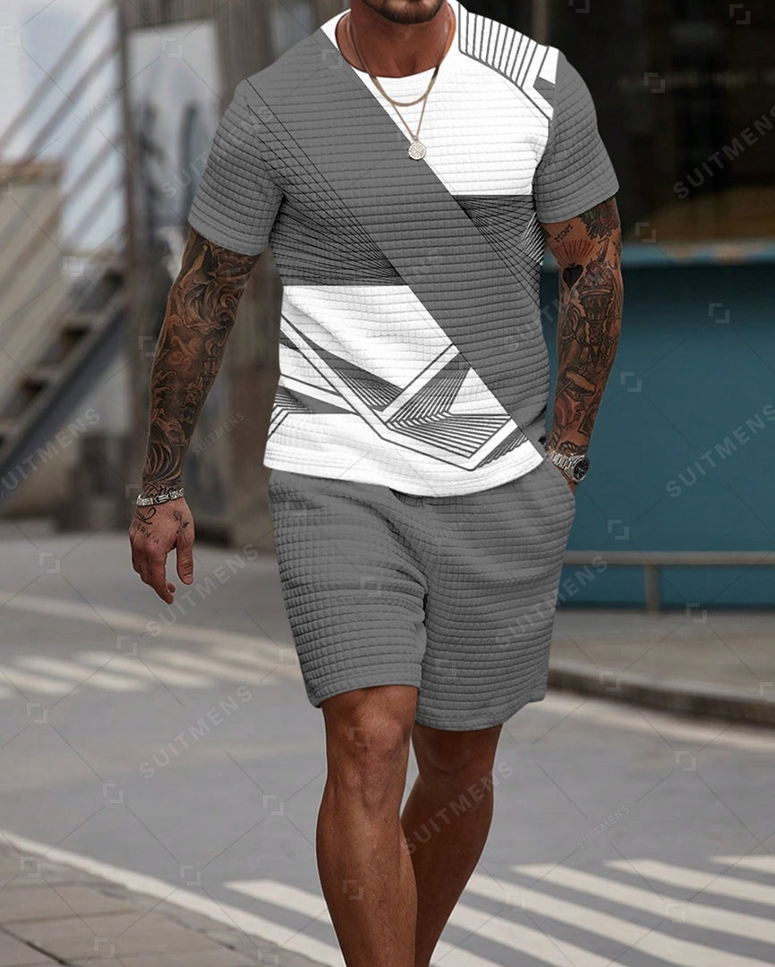 Men's Casual Waffle Textured Summer Round Neck Short Sleeve Shorts Set 0015