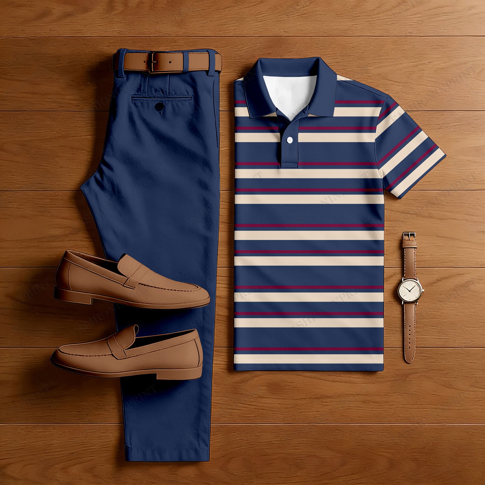 Men's Casual Navy Blue Stripes Printed Polo Shirt And Trousers Two-Piece Set