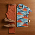 Men's Casual Light Blue Geometric Print Short-Sleeved Shirt And Trousers Two-Piece Set