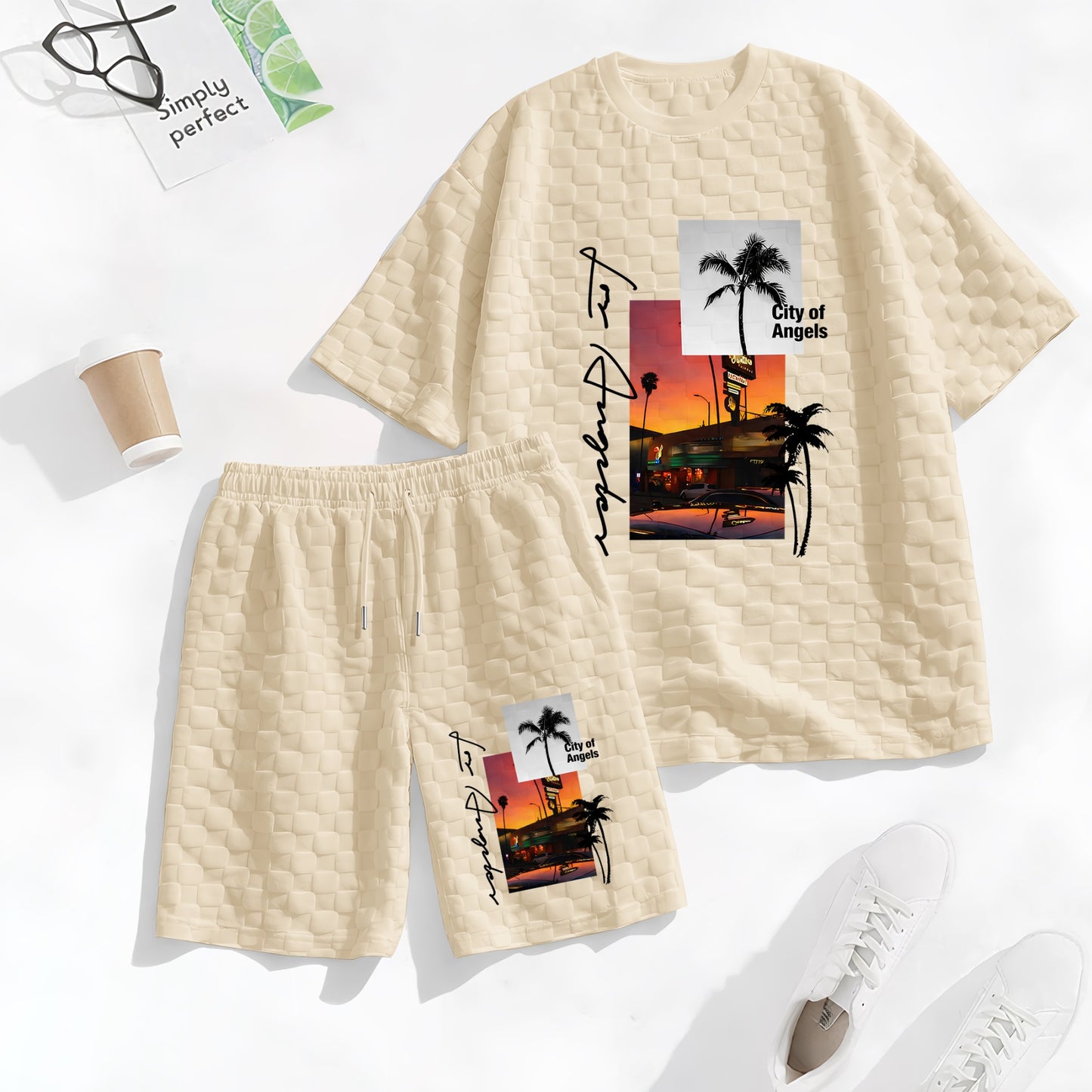 Men's Resort Graphic Print Spring And Summer Drawstring Shorts Set, A Casual Summer Outfit, Including A Short-Sleeved Shirt And Shorts, Suitable For Everyday Wear And Sports Activities.