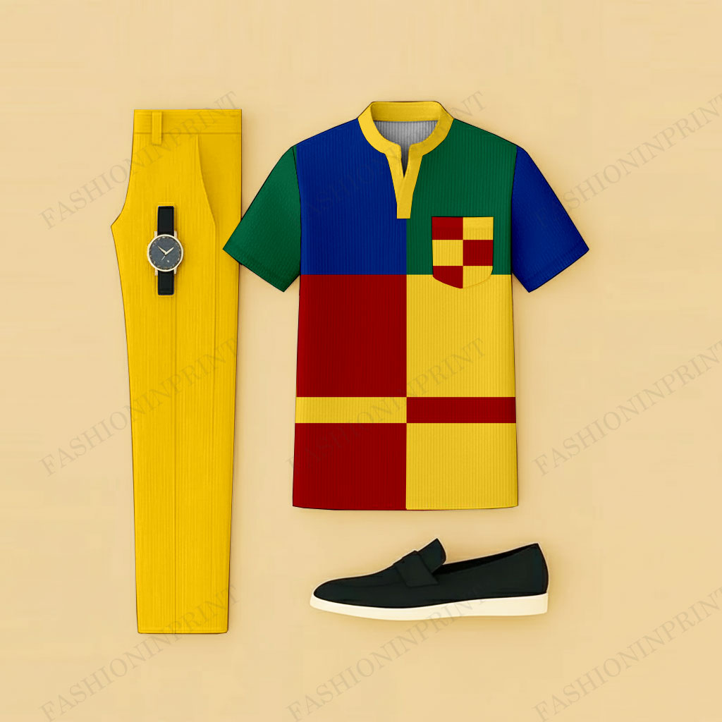 Men's Casual Color-Blocked Geometric Printed Short-Sleeve T-Shirt And Pants Two-Piece Set204717