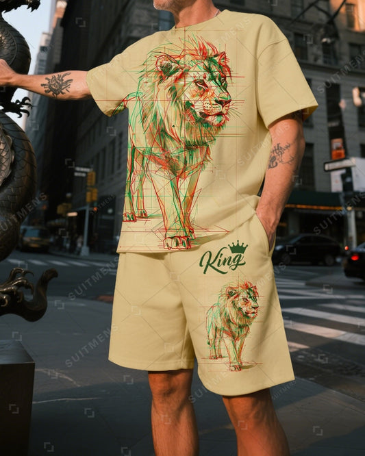Men's Summer Colorblock Printed Round Neck Suit 012