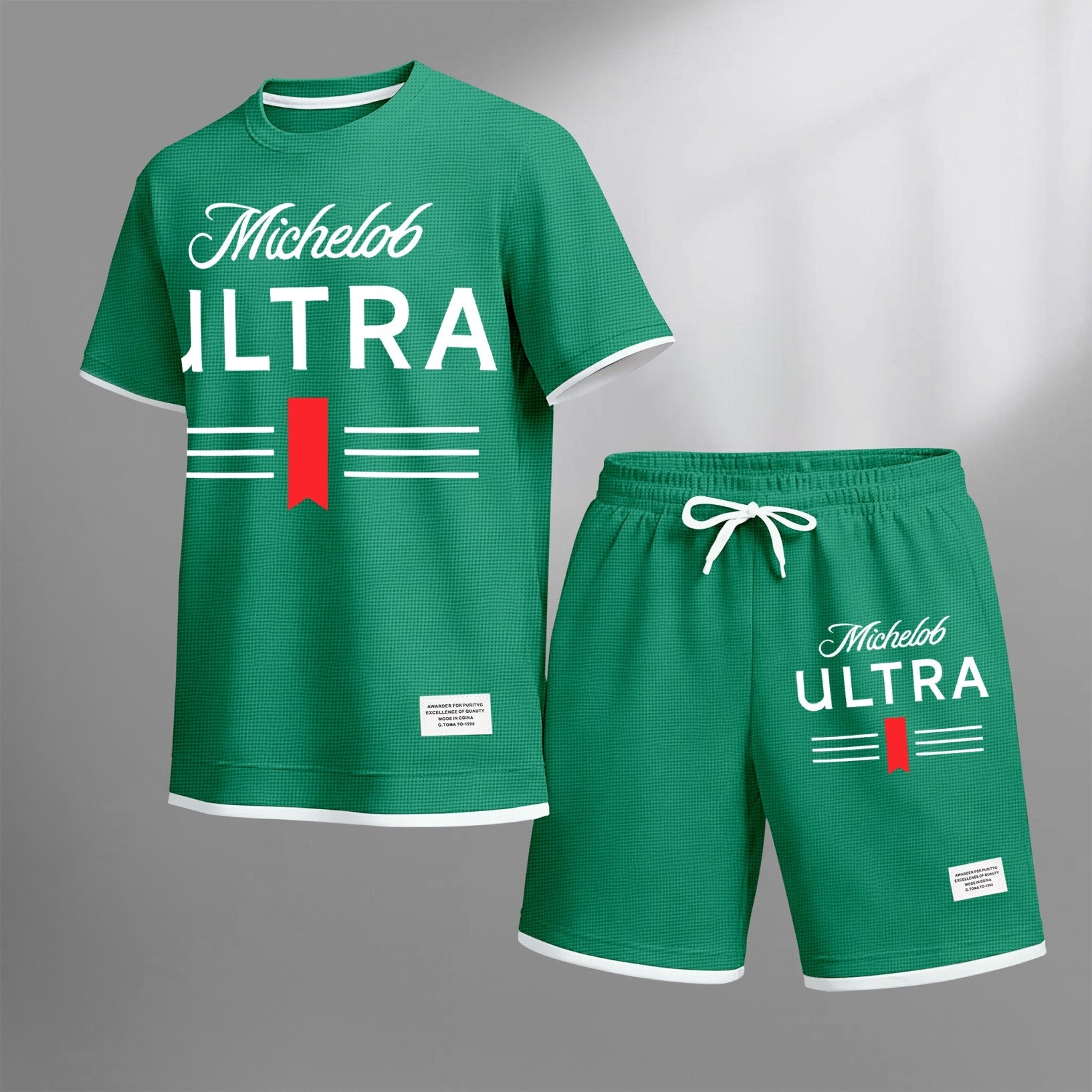 Men's vintage beverage print drawstring shorts set, suitable for spring and summer wear. This casual summer set includes a short-sleeved shirt and shorts, perfect for everyday wear and sports. Two-piece set design.