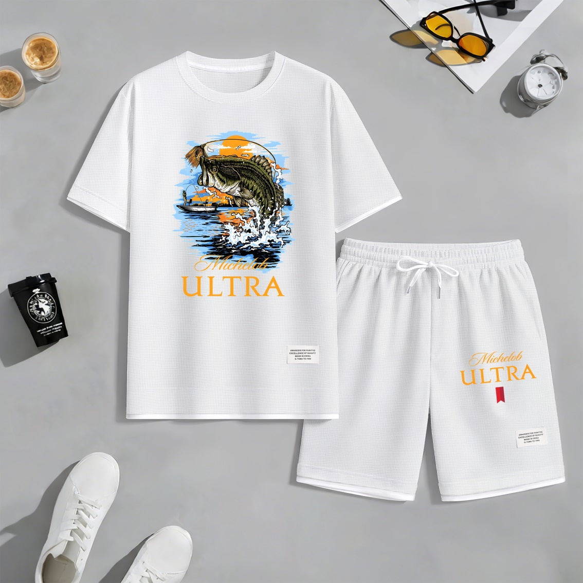 Men's Largemouth Bass Fishing Beer Print Waffle Fabric Short-Sleeved Shirt And Shorts Set