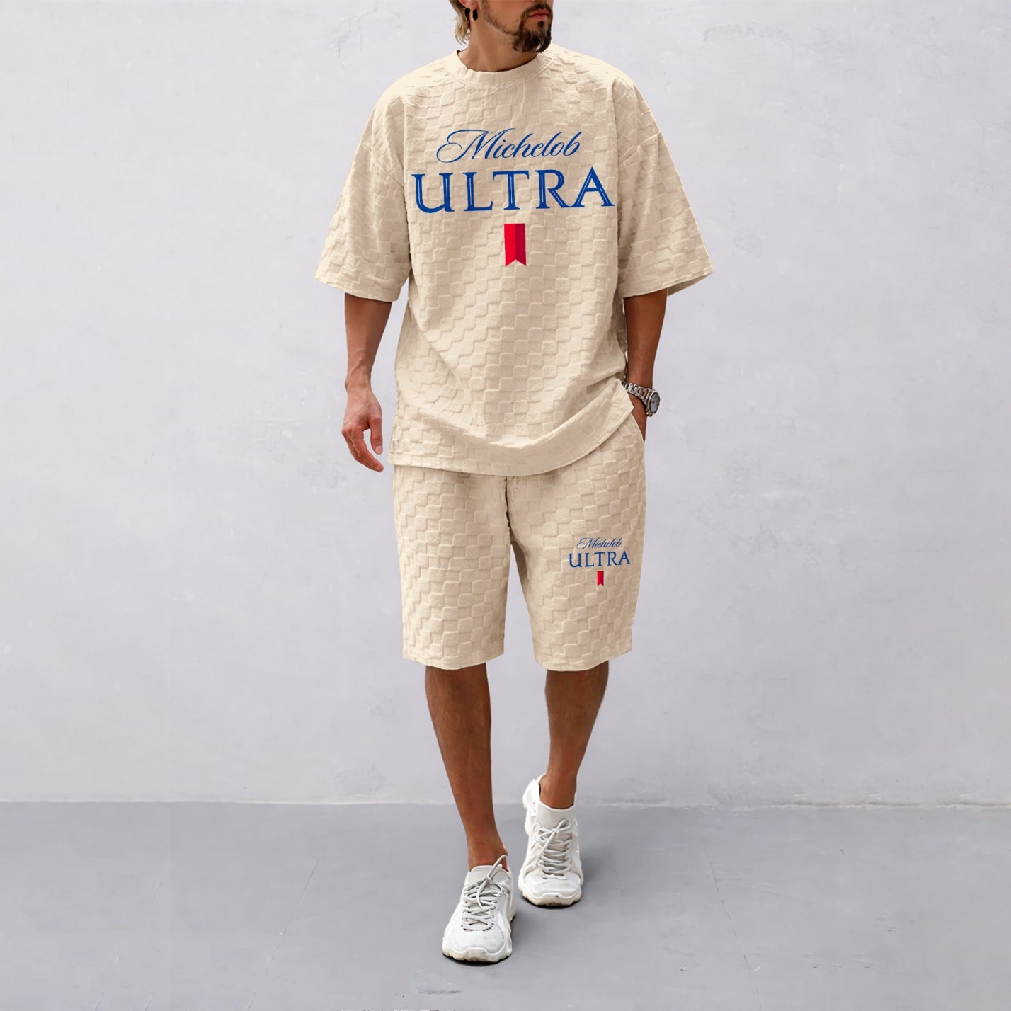 Men's Spring/Summer Drawstring Shorts Set featuring Beverage-Print Plaid Fabric—A casual summer ensemble comprising a short-sleeve shirt and shorts, ideal for both daily wear and athletic activities