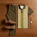 Men's Casual Army Green & Beige Color Matching Ethnie Style Printed Short Sleeved Polo Shirt & Trousers Two-Piece Set