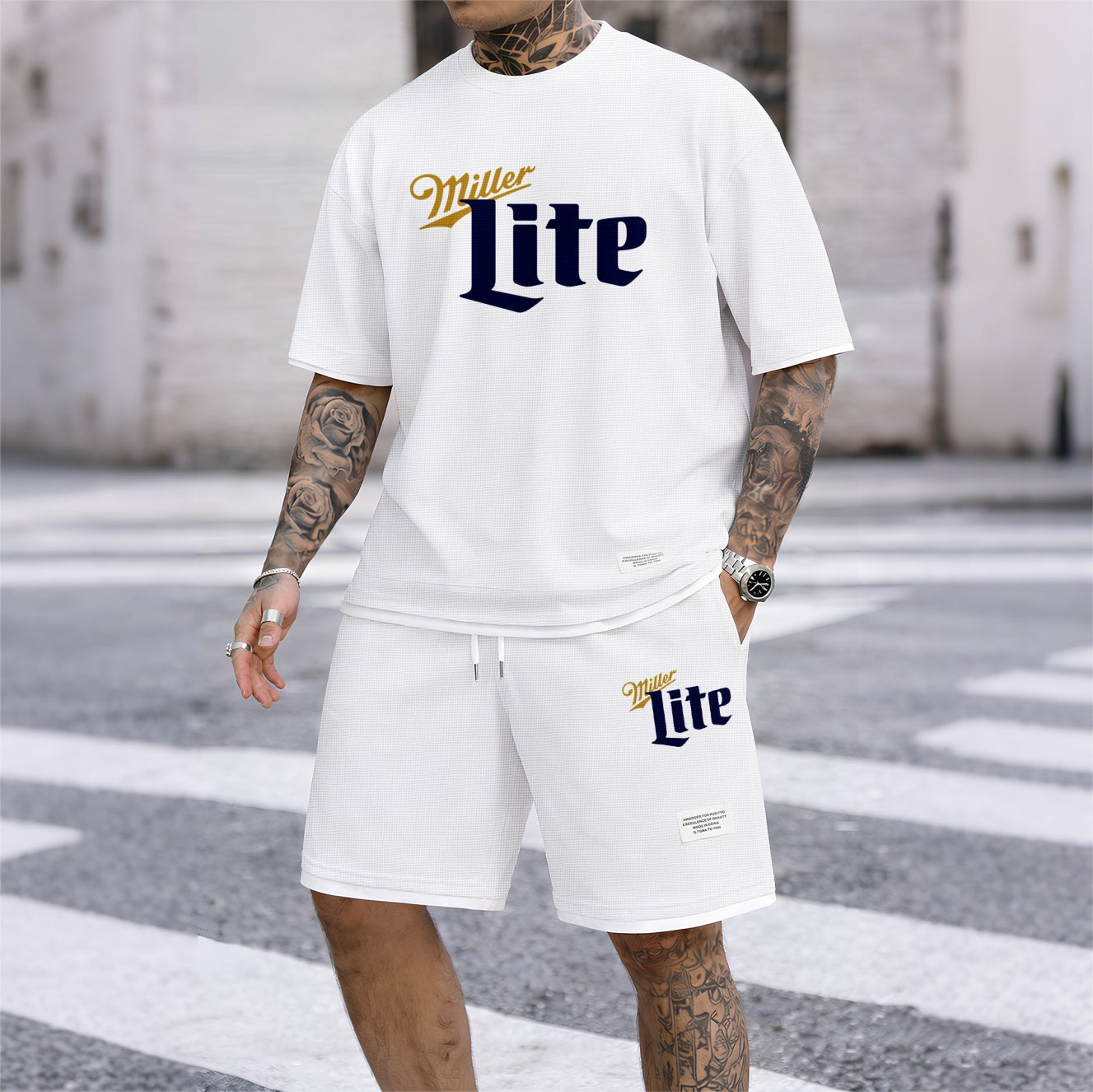 Men's Low-Calorie Beer Print Waffle Fabric Short-Sleeved Shirt And Shorts Set