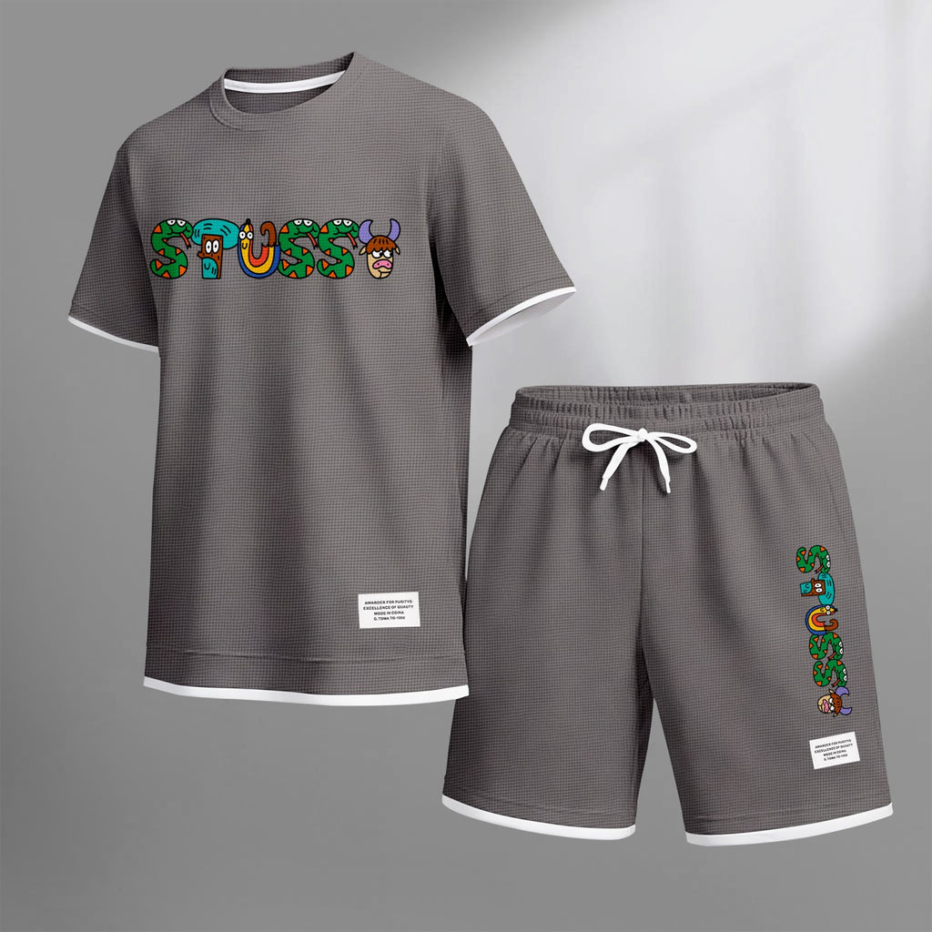 Men's Y2K Cartoon Print Waffle Fabric Short-Sleeved Shirt And Shorts Set