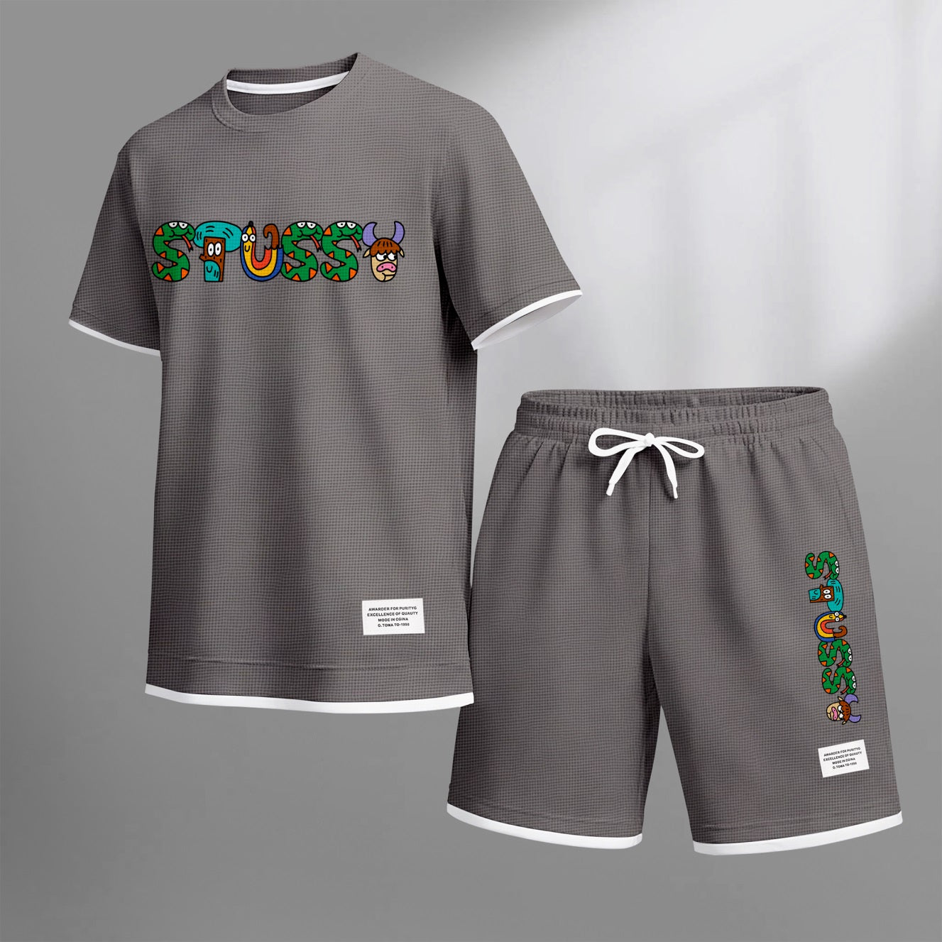 Men's Y2K Cartoon Print Waffle Fabric Short-Sleeved Shirt And Shorts Set
