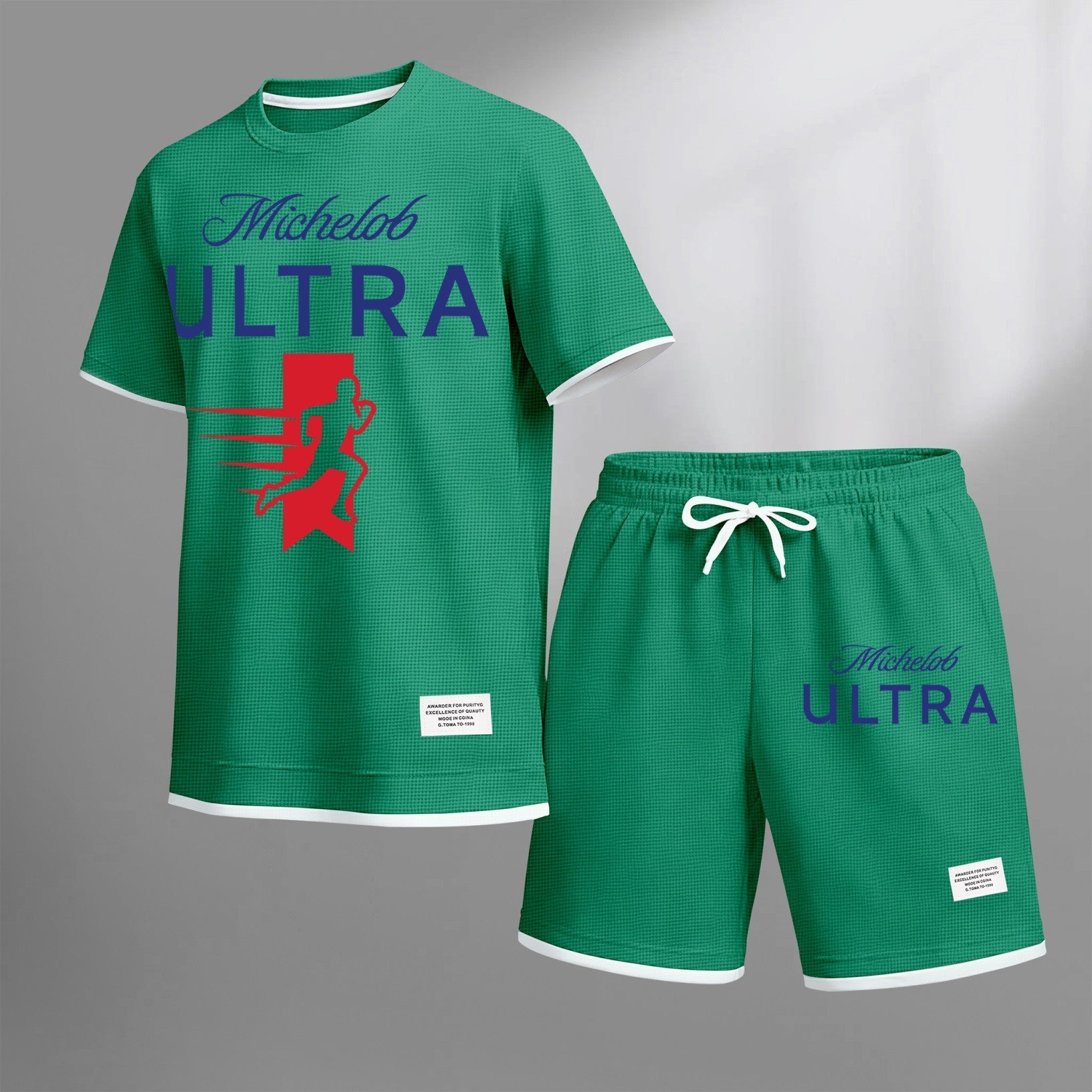 Men's vintage beverage print drawstring shorts set, suitable for spring and summer wear. This casual summer set includes a short-sleeved shirt and shorts, perfect for everyday wear and sports. Two-piece set design.