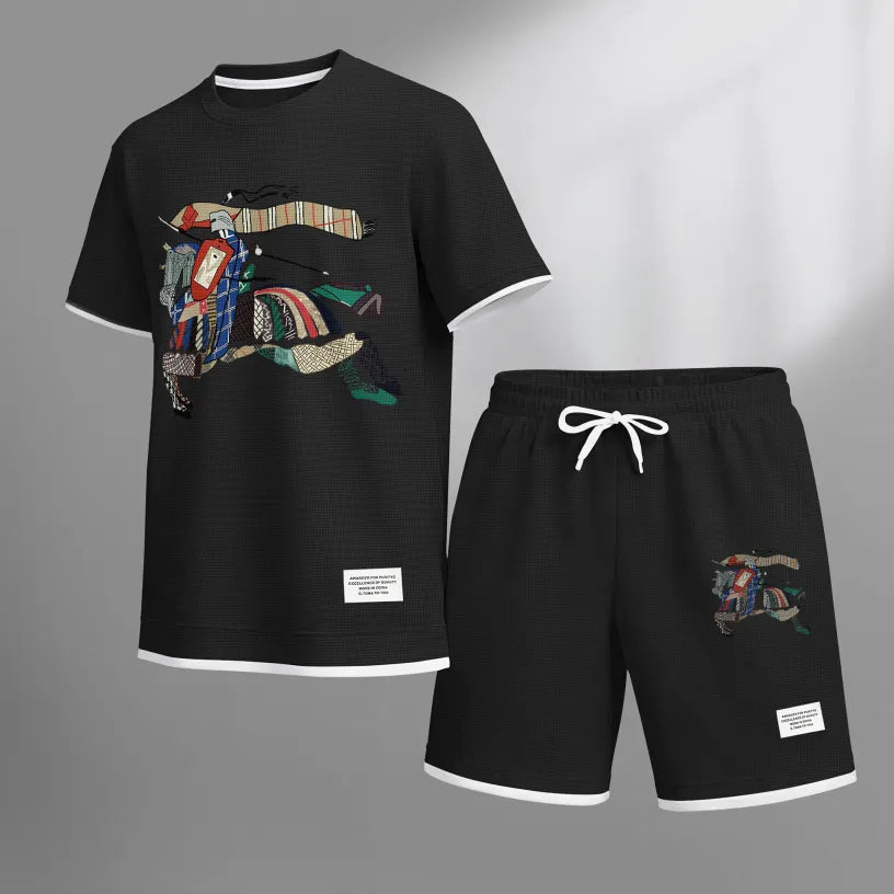 Men's Casual Style Knight Print Waffle Fabric Short-Sleeved Shirt And Shorts Set