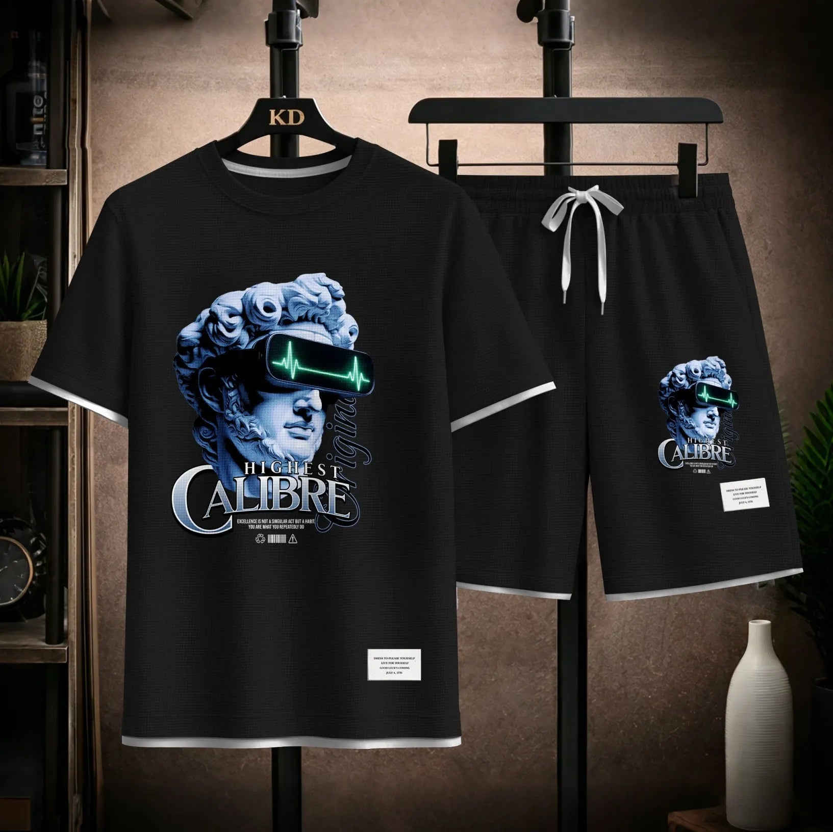 Men's Vintage Statue Graphic Print Short Sleeve Shirt and Drawstring Shorts Set, Casual Summer Two-Piece Outfit, Lightweight Breathable Relaxed Fit Sportswear for Daily Wear, Beach, Vacation, Travel, Loungewear