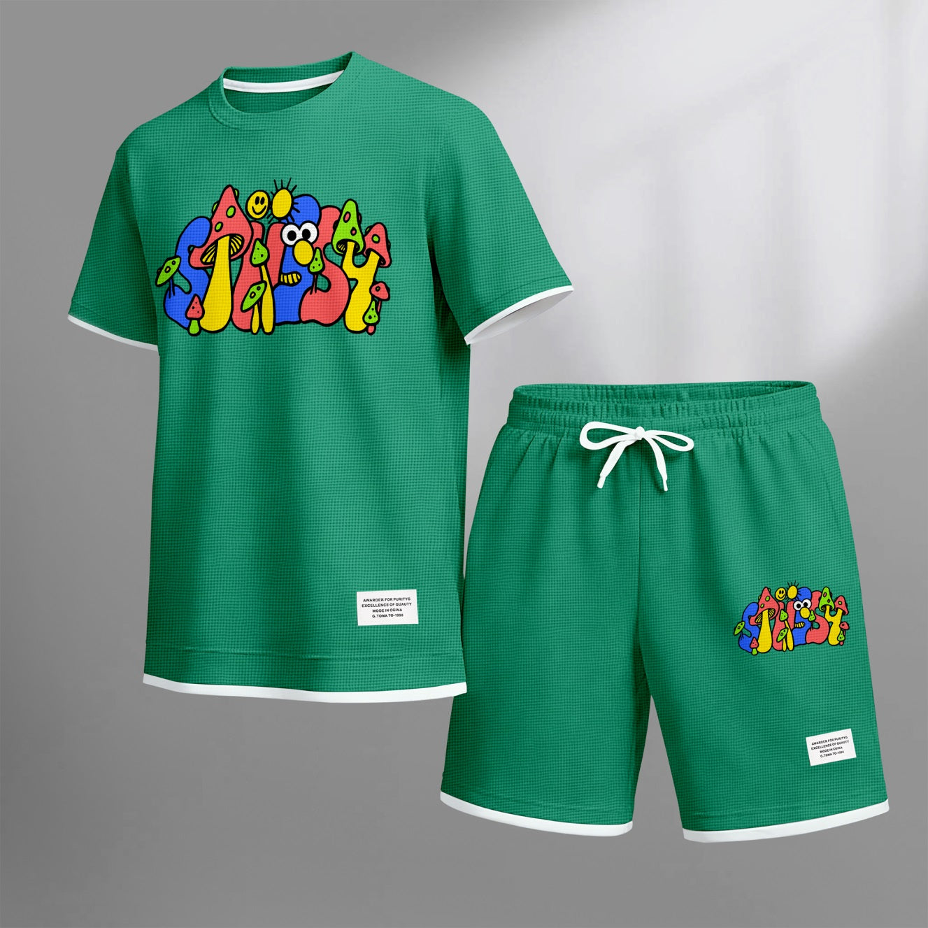 Men's Cartoon Mushroom Doodle Print Waffle Fabric Short-Sleeved Shirt And Shorts Set