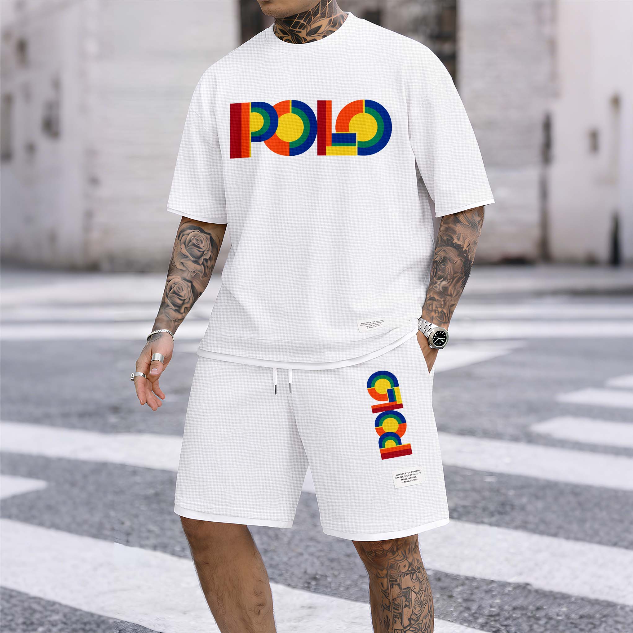 Men's Polo Print Drawstring Shorts Set For Spring/Summer. A Casual Summer Outfit, Including A Short-Sleeved Shirt And Shorts, Suitable For Everyday Wear And Sports. A Two-Piece Set For A Relaxed And Energetic Lifestyle.