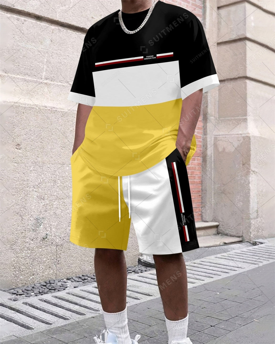 Men's Summer Colorblock Printed Round Neck Set 386