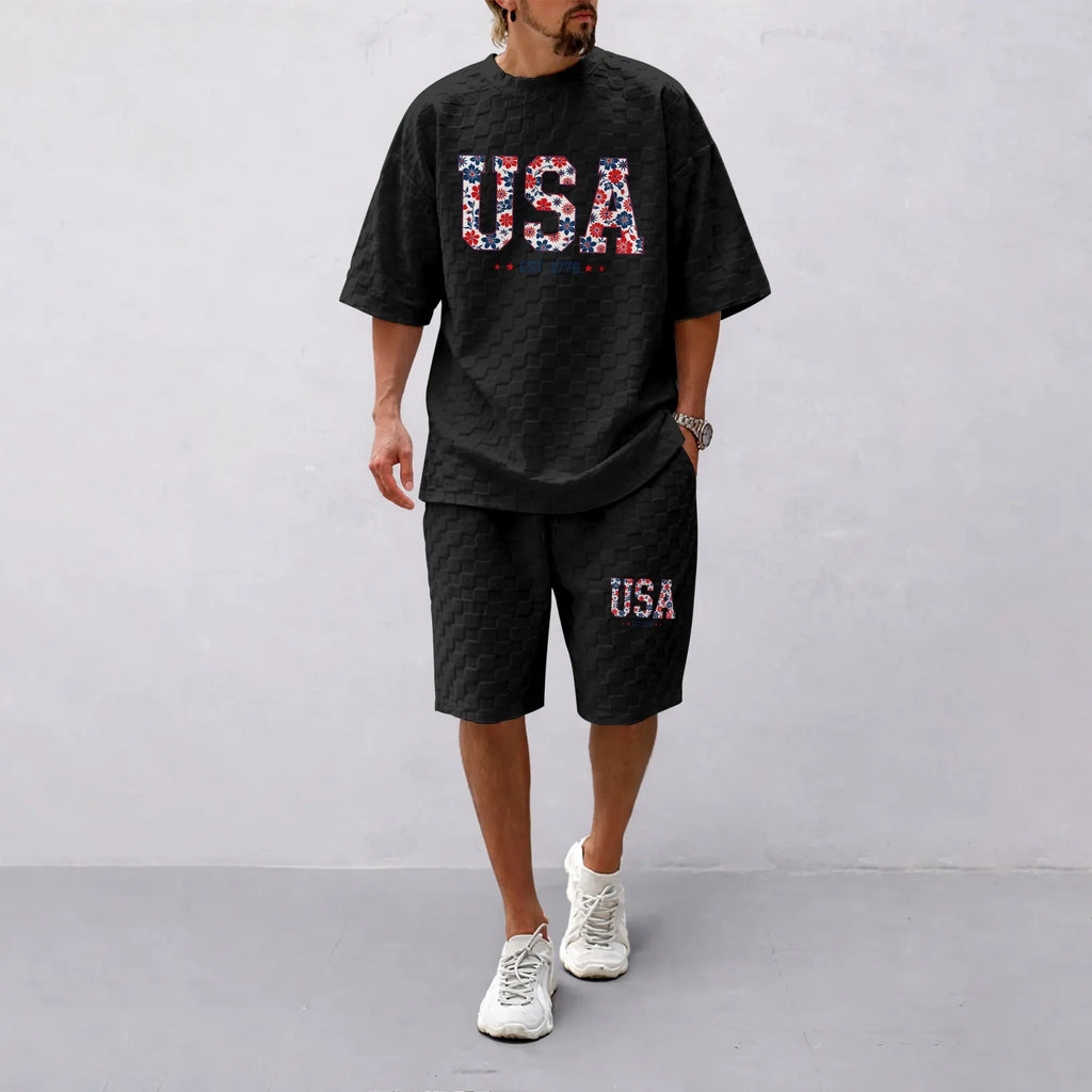 Men's Spring/Summer Drawstring Shorts Set featuring Beverage-Print Plaid Fabric—A casual summer ensemble comprising a short-sleeve shirt and shorts, ideal for both daily wear and athletic activities
