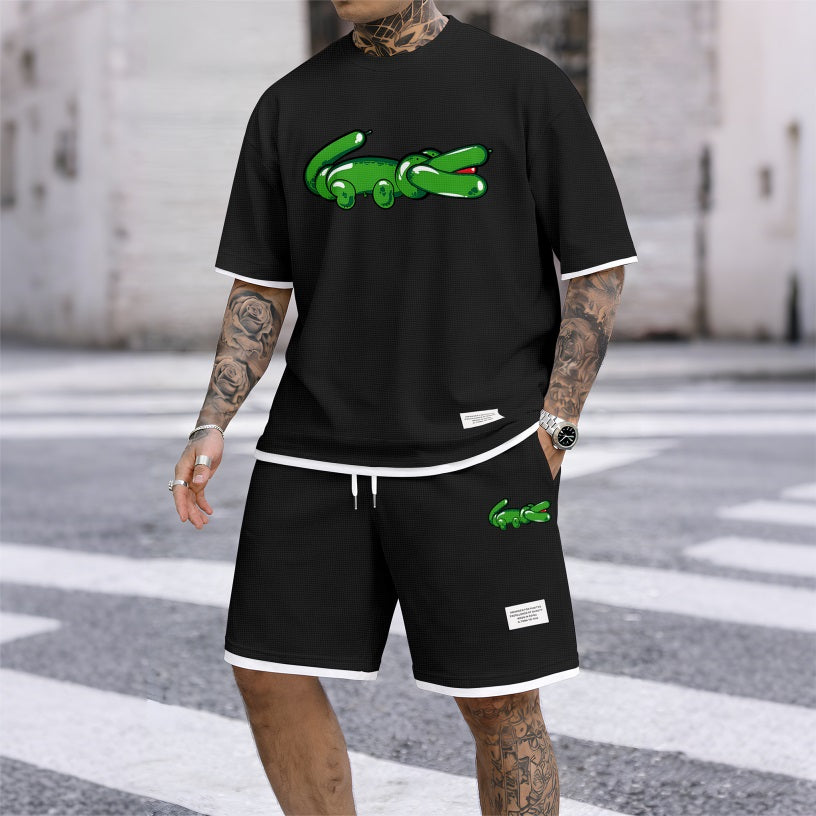 Men's Balloon Crocodile Print Waffle Fabric Short-Sleeved Shirt And Shorts Set