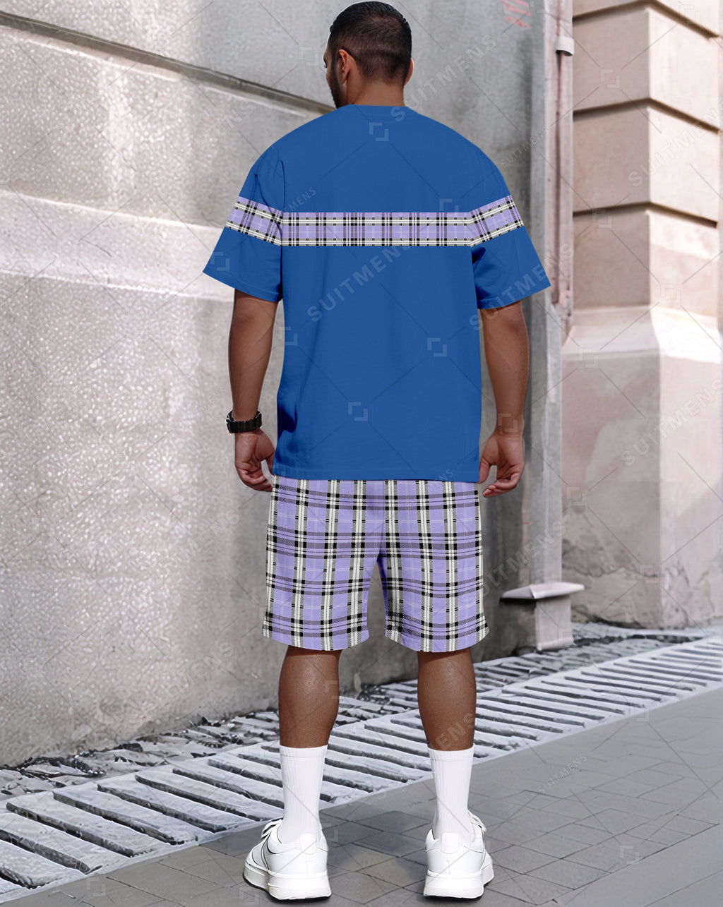 Men's Summer Colorblock Plaid Print Round Neck Set 479