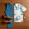 Men's Casual White Trees Printed Polo Shirt And Pants Two-Piece Set