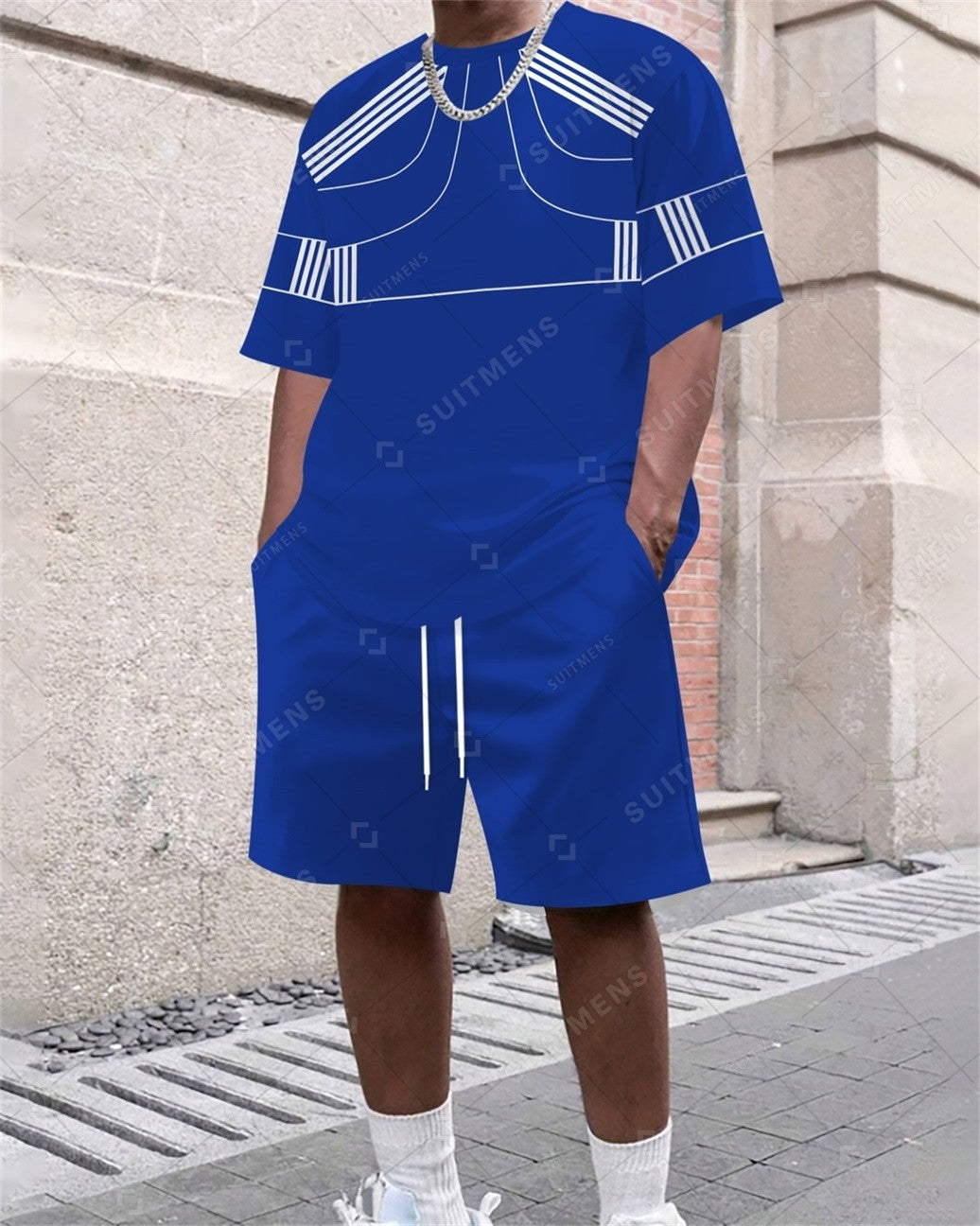 Men's Summer Color Matching Print Round Neck Set 310